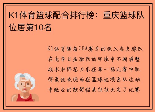 K1体育篮球配合排行榜：重庆篮球队位居第10名